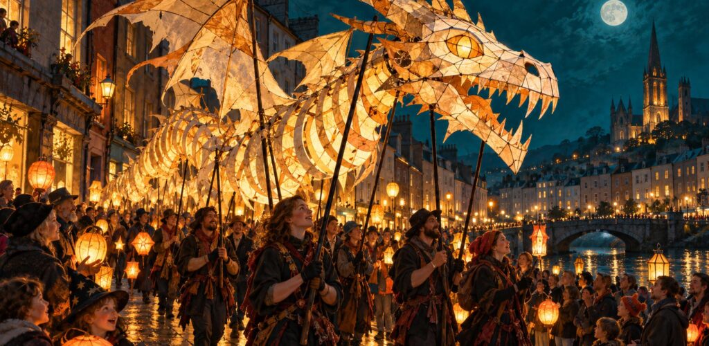 Illustration générée par IA : évocation artistique d’une parade de dragon. Ni le dragon réel ni la parade 2026. – Guide-Irlande.com