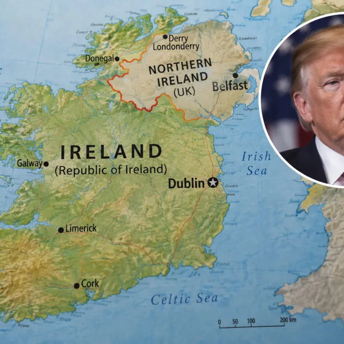 Carte de l’Irlande avec un portrait de Donald Trump, à propos de ses déclarations sur une Irlande unifiée - Go to Ireland.com