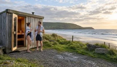 Un couple devant un sauna en bois au bord d’une plage, illustration d’une escapade sur la côte irlandaise. - Go to Ireland.com