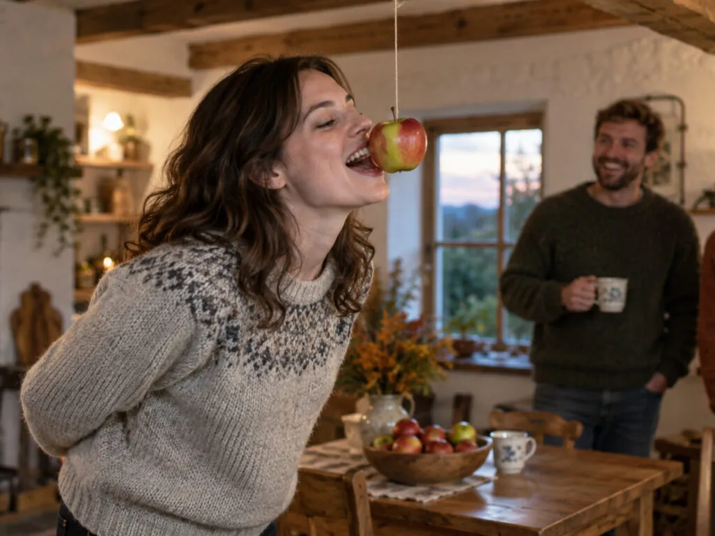 Une femme tente de croquer une pomme suspendue, les mains derrière le dos, dans un cottage - Go to Ireland.com